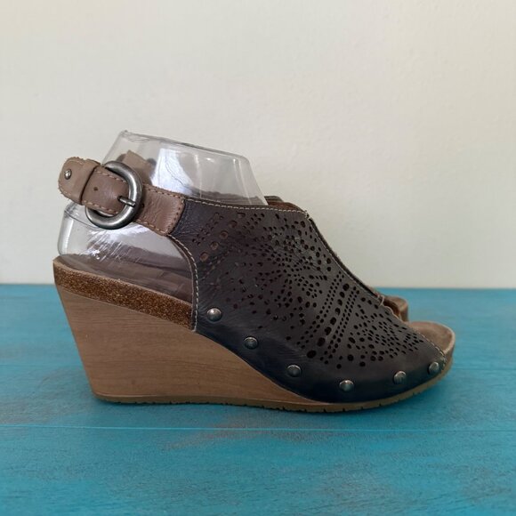 Pikolinos Benissa Slingback Perforated Gray Leather Peep Toe Wedge Sz 9 - Picture 1 of 10